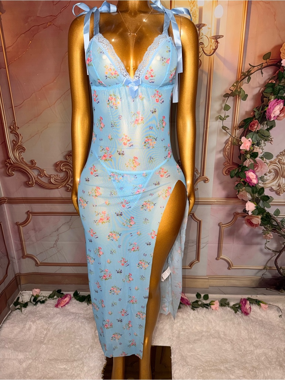 Blue Belle Floral Sheer Lace Gown & Matching Underwear Set